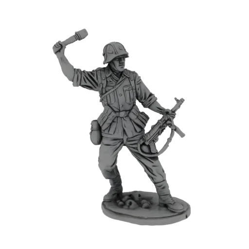 3D model of a German soldier in a dynamic pose, holding a grenade and an MG 34 machine gun, on a textured base.