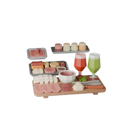 Banquet Charcuterie Board Low Poly 3D model, game viewport three-quarter view, showing ceramic, arranged serving layout.