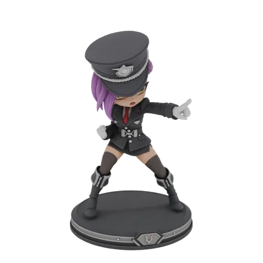 3D model of a Chibi military commander in a grey uniform and cap, pointing forward, standing on a dark grey circular base.