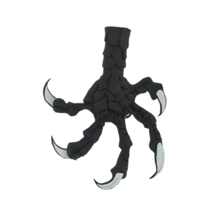 A 3D render of a stylized black bird claw with sharp, metallic talons and textured scales, isolated on a white background.