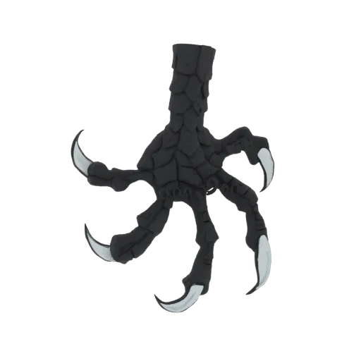 A 3D render of a stylized black bird claw with sharp, metallic talons and textured scales, isolated on a white background.