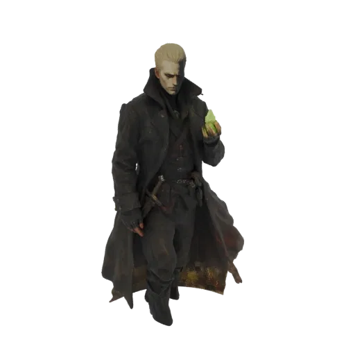 3D model of Albert Wesker in a dark trench coat, holding a glowing green vial in his hand, with a stern expression.