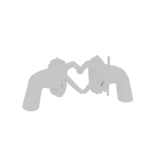 Modello 3D di due mani grigio chiaro che formano un cuore su sfondo bianco.