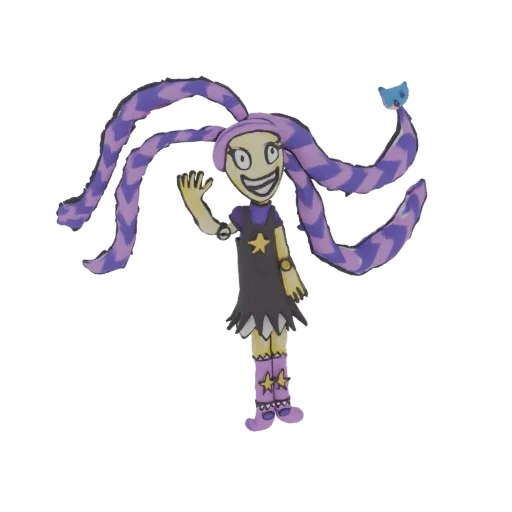 3D model of a whimsical jester character with purple striped hair, a star dress, and waving hand, isolated on a white backgro