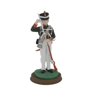 3D-Modell eines Soldaten der Napoleonischen Ära in Uniform, der ein Musket hält und auf einer grasbewachsenen Basis steht.