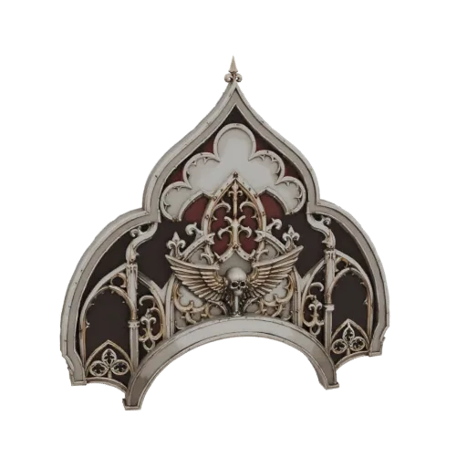 3D model of a gothic archway with a central skull and wings motif, featuring intricate filigree and dark, metallic textures.