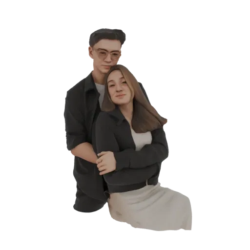 Modèle 3D d'un jeune couple romantique s'enlaçant, l'homme portant des lunettes et une veste sombre, la femme se blottissant