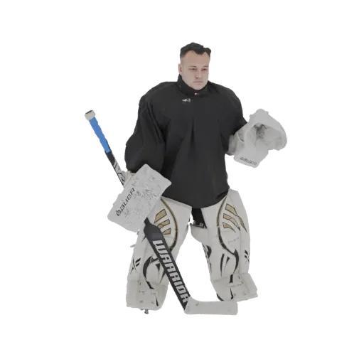 3D model of an ice hockey goalie wearing full protective gear and holding a hockey stick.