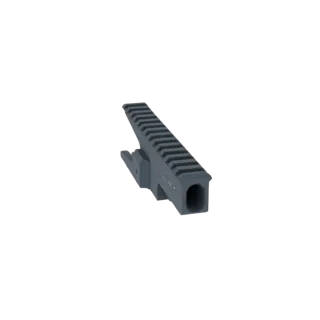3D model of a gray Picatinny rail mount with an integrated barrel shroud, viewed from a slight angle against a black backgrou