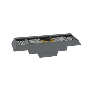 3D render of a futuristic industrial control panel with a gray casing, yellow coiled cables, and textured side panels.