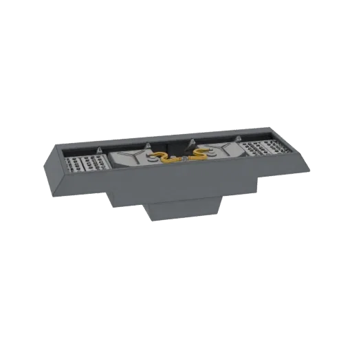 3D render of a futuristic industrial control panel with a gray casing, yellow coiled cables, and textured side panels.