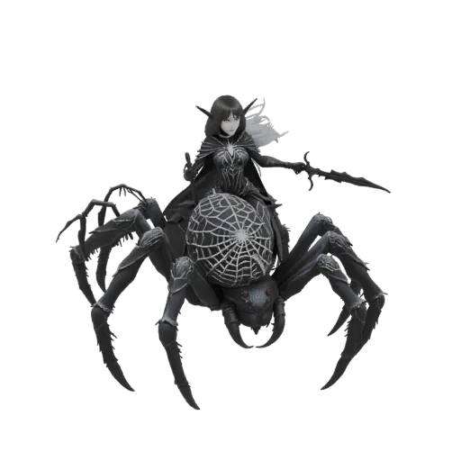 3D model of a dark elf warrior riding a large, black spider with a web pattern on its abdomen, holding a sword.