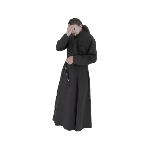 3D model of a person in a black robe, with their face obscured by their hand, conveying a sense of distress or contemplation.