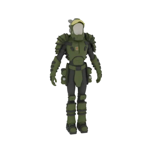 3D model of the Starship Troopers Rico armor, a green and grey futuristic military suit with a helmet.