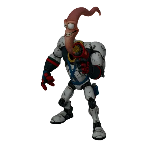 3D model of Earthworm Jim in white and grey sci-fi armor, holding a red and orange blaster, with his head emerging from the s