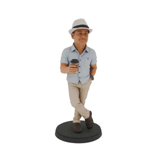 3D model of a man wearing a white fedora, blue shirt, and beige pants, holding a coffee cup and standing on a black circular