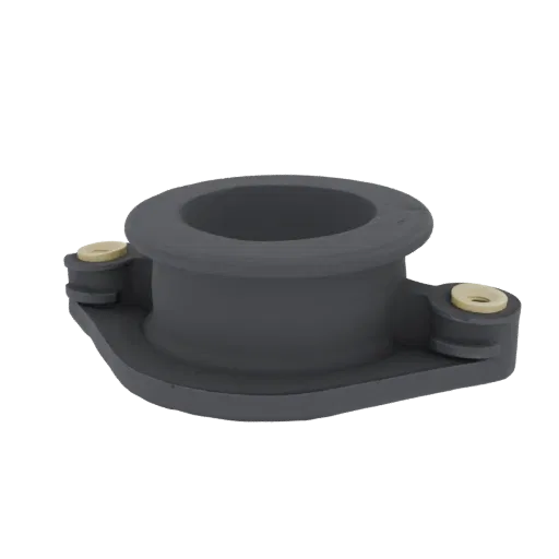 Rendu 3D d'un raccord de tuyau à bride gris foncé avec deux inserts beiges, présenté sur fond blanc.