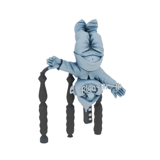 3D model of a light blue, cartoonish character named Rigby, hanging upside down from a dark gray chair.