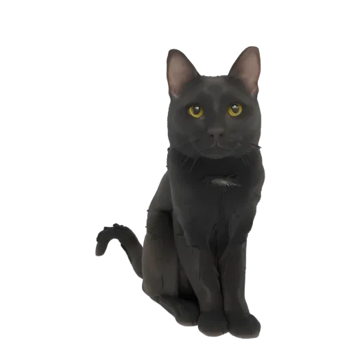 3D model of a black cat sitting with yellow eyes, looking directly at the viewer.