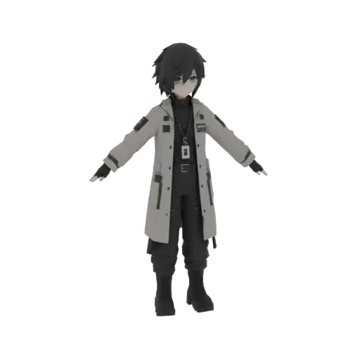 3D render of an anime-style male soldier with dark hair and blue eyes, wearing a tactical trench coat and pants, in a neutral