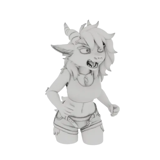 Render de modelo 3D de un guerrero cabra furioso con cuernos, vistiendo camiseta y shorts de mezclilla, con expresión fiera.