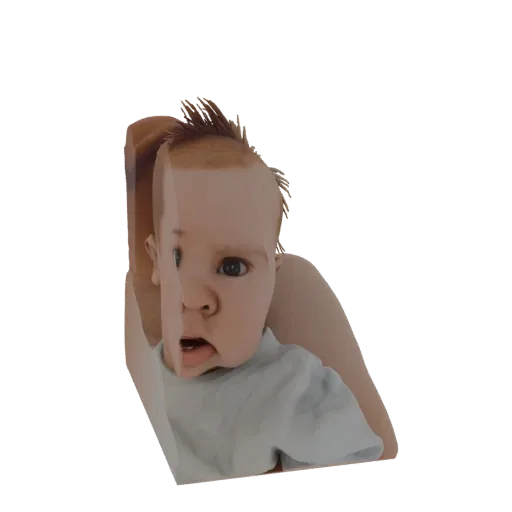 3D model of a baby's face with wide eyes and an open mouth, conveying surprise.