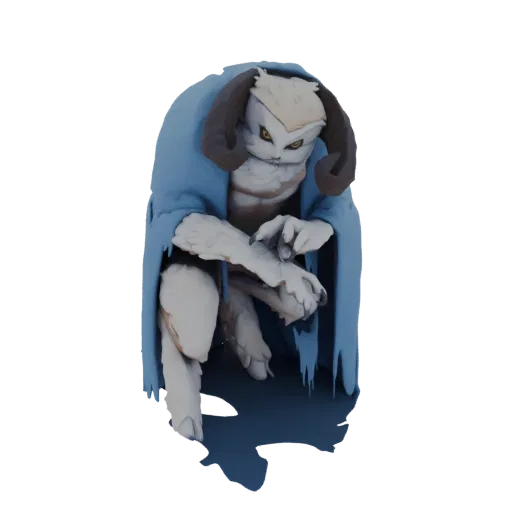A 3D model of a mystical owl creature with white feathers, a blue cloak, dark horns, and yellow eyes, crouched and alert.