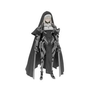 Modelo 3D de uma guerreira monja cibernética com membros e armadura mecânicas, em pose neutra.