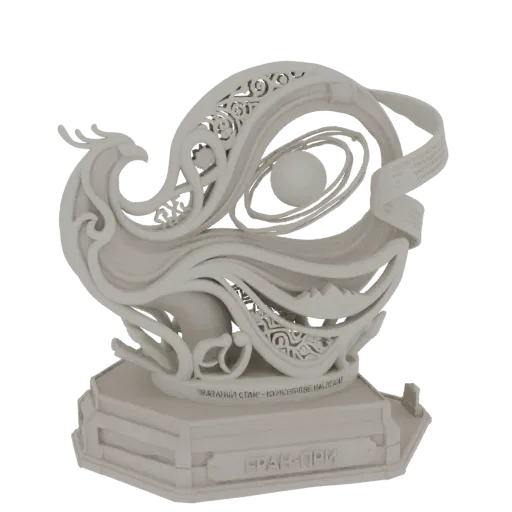 3D model of a white sculpture depicting a phoenix with intricate swirling patterns and a central orb, mounted on an inscribed base.