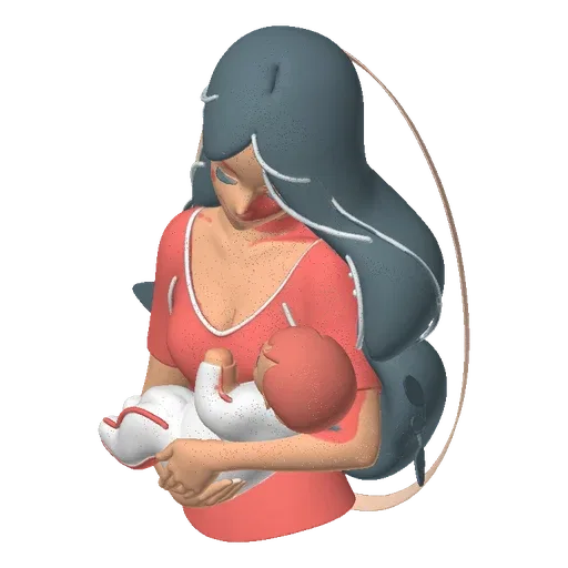 3D model of a stylized mother with blue hair, wearing a pink top, gently holding a baby wrapped in white.