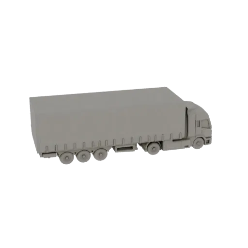 3D model of a gray curtain-sided semi-trailer truck, viewed from the side.