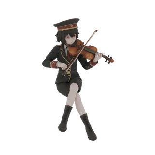 Modelo 3D de uma garota anime em uniforme militar tocando violino, com olhos vermelhos e expressão focada.