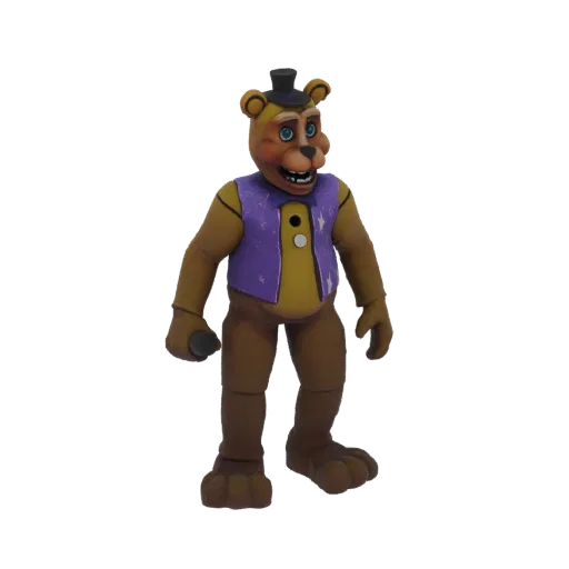 3D model of Freddy Fazbear, the brown bear animatronic character, wearing a purple vest and top hat, holding a microphone.