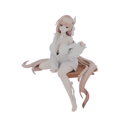 3D model of a blonde anime girl with pink eyes, wearing a white shirt and sitting with her legs crossed.