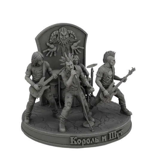 3D-Modell der russischen Punkband Korol i Shut auf der Bühne, mit Hofnarren-Hintergrund und detaillierten Instrumenten.