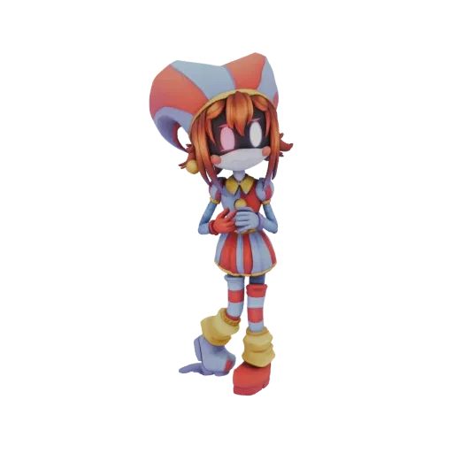 3D model of a jester robot with a red and blue striped hat and costume, pink glowing eyes, and yellow boots.