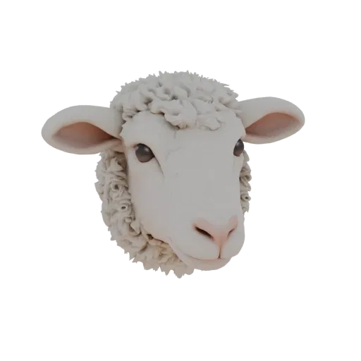 3D-Modell eines Lammkopfes im Modelliermasse-Stil mit realistischen Details der Schnauze.
