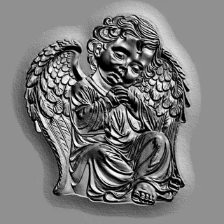 Modelo 3D de bajorrelieve de ángel inclinando la cabeza en oración, estilo grabado
