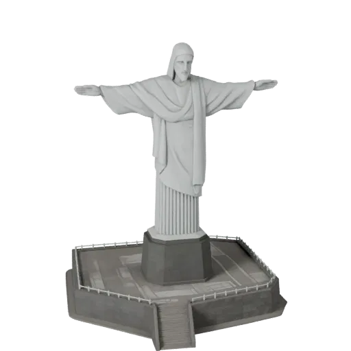 Modelo 3D realista do Cristo Redentor, vista exterior em três quartos, mostrando materiais da estrutura do marco histórico e