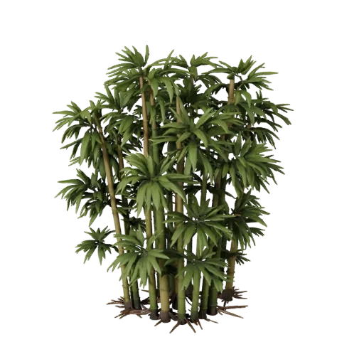 Bamboo Thicket Cluster Low Poly 3D model, game viewport three-quarter view, showing leaf clusters, terrain detail.