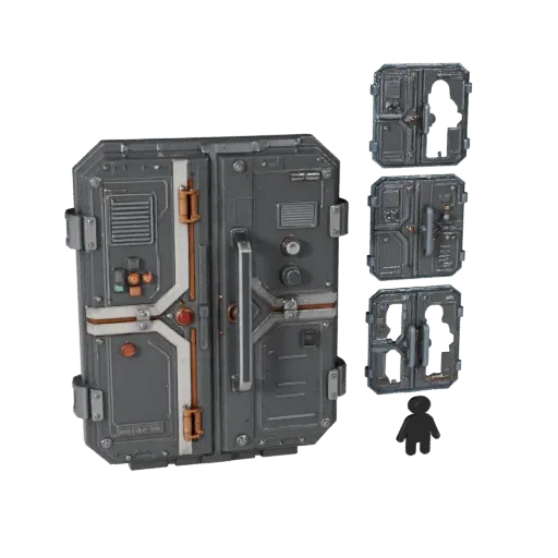 Sci Fi Locked Door Panel 3D model, three-quarter front view, Unity viewport, showing metal hinges, form detail.