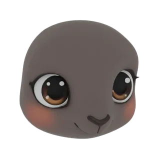 Rendu 3D d'une tête d'animal mignonne style dessin animé avec de grands yeux marron, des joues roses et un petit sourire, sur