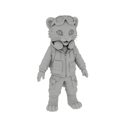 3D model render of an anthropomorphic cat character dressed as an aviator, wearing goggles and headphones.