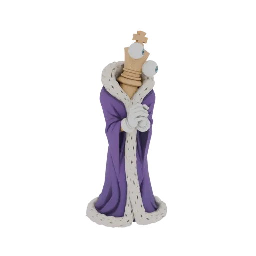 Modelo 3D de rey de ajedrez con ojos grandes y preocupados y túnica morada ribeteada de piel blanca, de pie con las manos jun