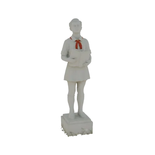 3D-Modell einer weißen Statue einer jungen Person in Uniform mit einem roten Halstuch, die ein offenes Buch hält und auf eine