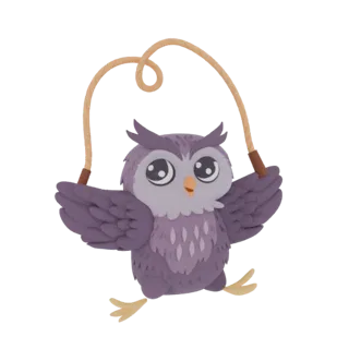 3D model of a cute purple owl with large eyes, wings spread, jumping over a rope.