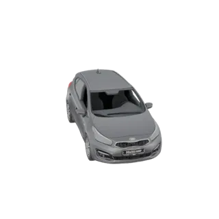 3D-Modell eines grauen Kia Ceed Hatchbacks, von vorne rechts leicht erhöht betrachtet.