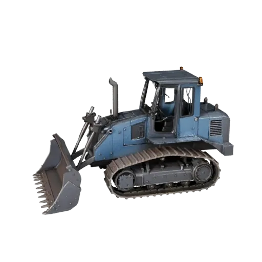 Warehouse Bulldozer 3D model, side profile view, technical viewport render, showing painted steel, form detail.