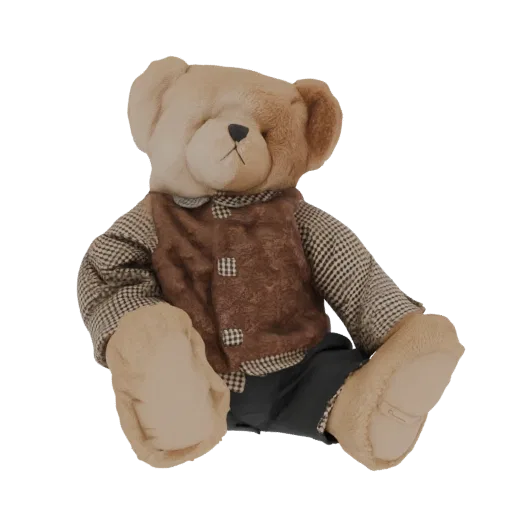 A 3D model of a dapper teddy bear wearing a brown vest and checkered shirt, sitting with a charming expression.