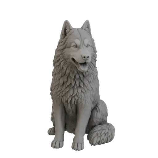 A detailed 3D model of a husky dog sitting attentively, with its fur texture and facial features clearly rendered.